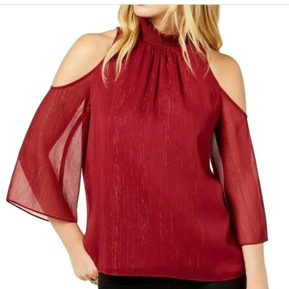 ZOE BY RACHEL ZOE Cold Shoulder Top Size Small Sangria Colour Shimmery - Picture 1 of 12